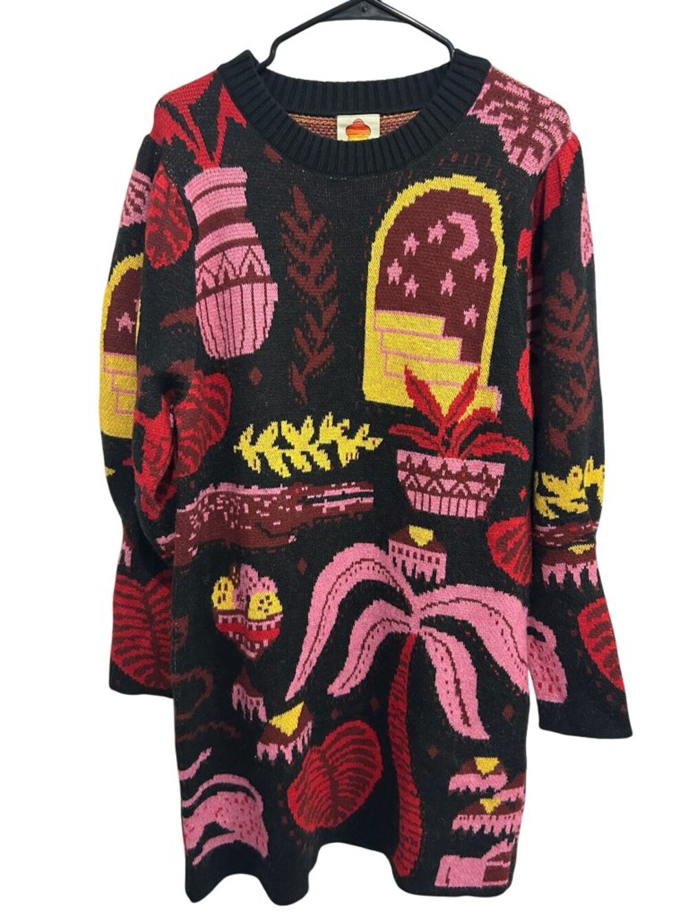 Farm Rio Large Knit Sweater Dress Multicolor Botanical Print Boho Maximalist
